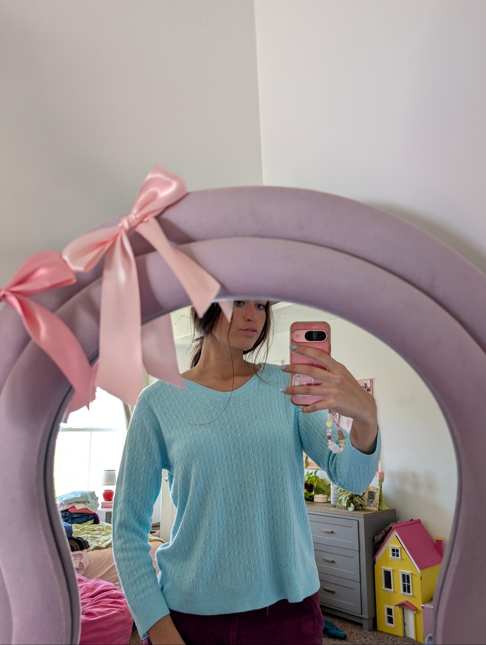 Light Aqua V-Neck Cable Knit Sweater